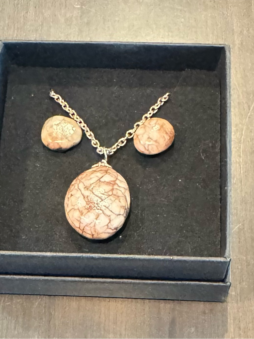 Natural Stone Pendant Necklace and Stud Earrings - Pink Brown